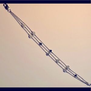 Elegant Silver Bracelet with Diamond Chips and Deep Blue Sapphire